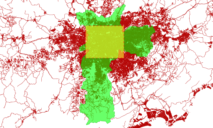 Sao Paulo administrative region (green), road network (brown) and selected area for street space analysis (yellow).