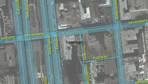 Road centre lines (cyan) with road type displayed, and GIS buffer operation result (transparent blue areas) used as street surface area estimate.